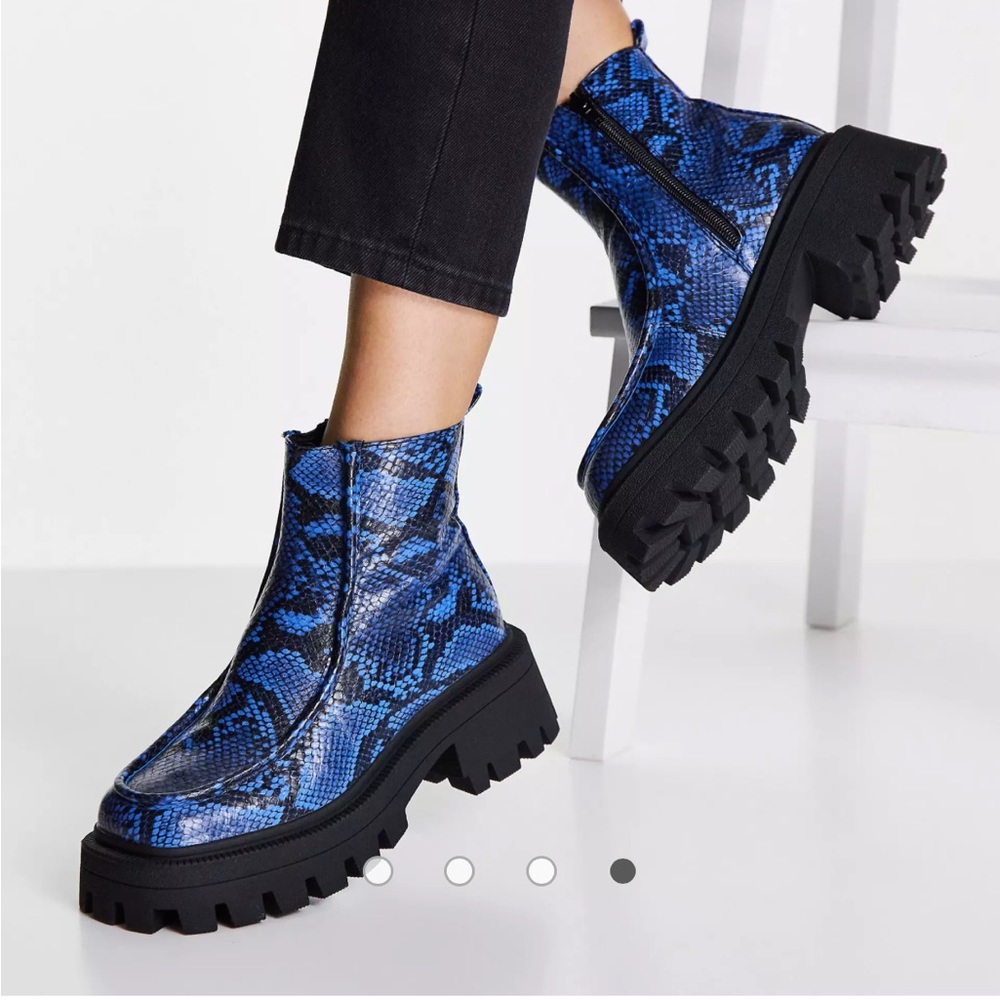 ASOS DESIGN Anaconda chunky loafer boots in blue snake